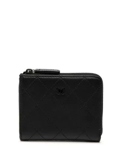 Pre-owned Chanel 2021-2026 Cc Quilted Calfskin Zip Wallet Small Wallets In Black