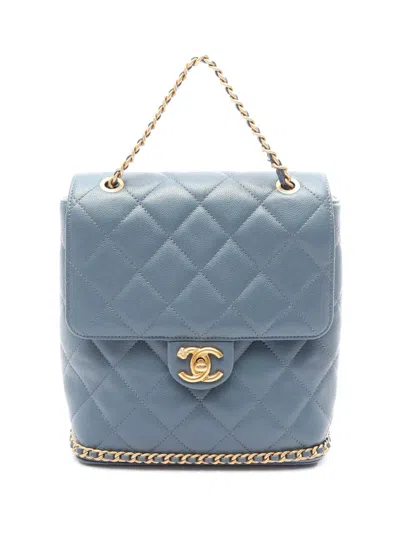 Pre-owned Chanel 2021-2026 Cc Quilted Caviar Camellia Chain Around Backpack In Blue