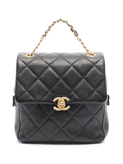 Pre-owned Chanel 2021-2026 Cc Quilted Caviar Chain Melody Backpack In Black