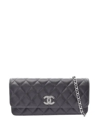 Pre-owned Chanel 2021-2026 Cc Quilted Caviar Clutch With Chain Crossbody Bag In Black