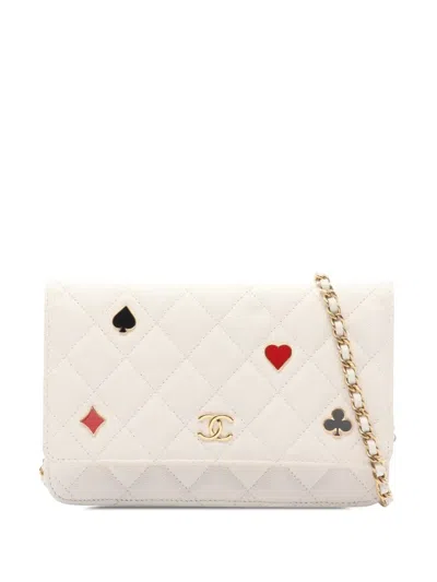 Pre-owned Chanel 2021-2026 Cc Quilted Caviar Coco Casino Wallet On Chain Crossbody Bag In White