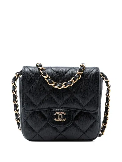 Pre-owned Chanel 2021-2026 Cc Quilted Caviar Flap Card Holder On Chain Crossbody Bag In Black