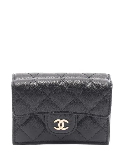 Pre-owned Chanel 2021-2026 Cc Quilted Caviar Flap Wallet Small Wallets In Black