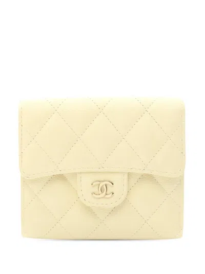 Pre-owned Chanel 2021-2026 Cc Quilted Caviar Flap Wallet Small Wallets In Yellow
