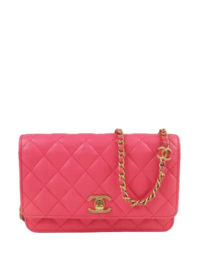 Pre-owned Chanel 2021-2026 Cc Quilted Caviar Glitter Roller Skate Wallet On Chain Crossbody Bag In Pink