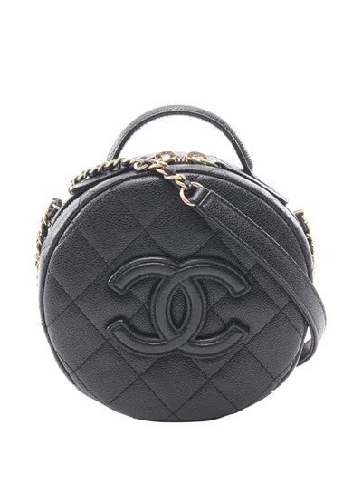 Pre-owned Chanel 2021-2026 Cc Quilted Caviar Round Vanity Case Satchel In Black