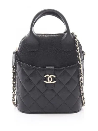 Pre-owned Chanel 2021-2026 Cc Quilted Caviar Top Handle Bag Satchel In Black