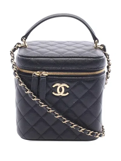 Pre-owned Chanel 2021-2026 Cc Quilted Caviar Top Handle Vanity Case With Chain Satchel In Black
