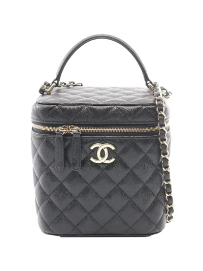 Pre-owned Chanel 2021-2026 Cc Quilted Caviar Top Handle Vanity With Chain Satchel In Black