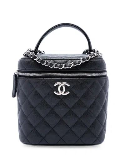 Pre-owned Chanel 2021-2026 Cc Quilted Caviar Top Handle Vanity With Chain Satchel In Black