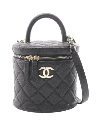 Pre-owned Chanel 2021-2026 Cc Quilted Caviar Top Handle Vanity With Chain Satchel In Black