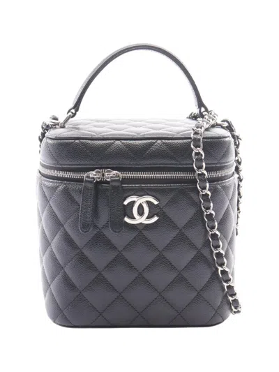 Pre-owned Chanel 2021-2026 Cc Quilted Caviar Top Handle Vanity With Chain Satchel In Black