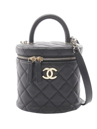 Pre-owned Chanel 2021-2026 Cc Quilted Caviar Top Handle Vanity With Chain Satchel In Black