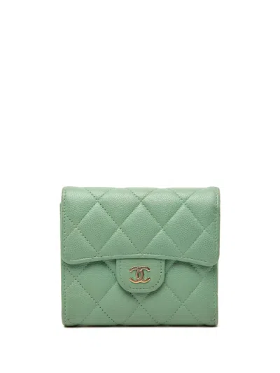 Pre-owned Chanel 2021-2026 Cc Quilted Caviar Trifold Wallet Small Wallets In Green