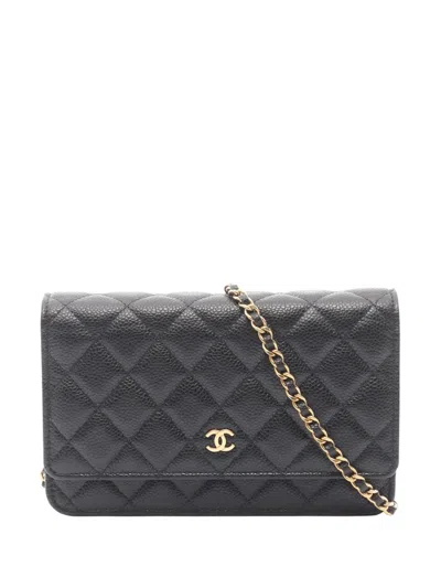 Pre-owned Chanel 2021-2026 Cc Quilted Caviar Wallet On Chain Crossbody Bag In Black