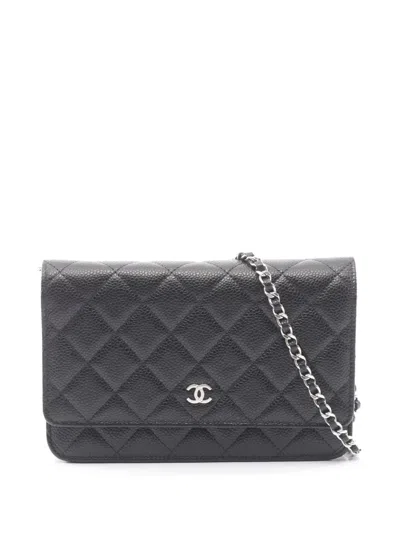 Pre-owned Chanel 2021-2026 Cc Quilted Caviar Wallet On Chain Crossbody Bag In Black