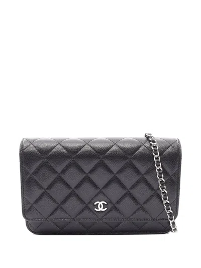 Pre-owned Chanel 2021-2026 Cc Quilted Caviar Wallet On Chain Crossbody Bag In Black