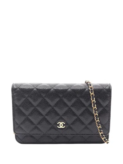 Pre-owned Chanel 2021-2026 Cc Quilted Caviar Wallet On Chain Crossbody Bag In Black