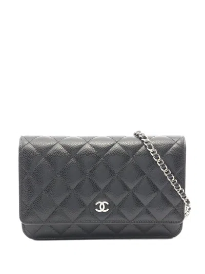 Pre-owned Chanel 2021-2026 Cc Quilted Caviar Wallet On Chain Crossbody Bag In Black
