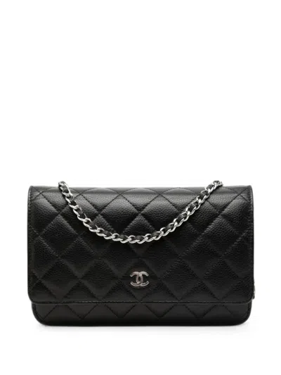 Pre-owned Chanel 2021-2026 Cc Quilted Caviar Wallet On Chain Crossbody Bag In Black