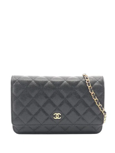 Pre-owned Chanel 2021-2026 Cc Quilted Caviar Wallet On Chain Crossbody Bag In Black