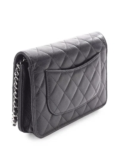 Pre-owned Chanel 2021-2026 Cc Quilted Caviar Wallet On Chain Crossbody Bag In Black