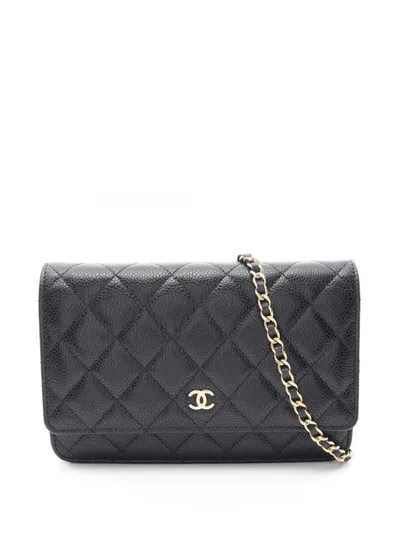 Pre-owned Chanel 2021-2026 Cc Quilted Caviar Wallet On Chain Crossbody Bag In Black