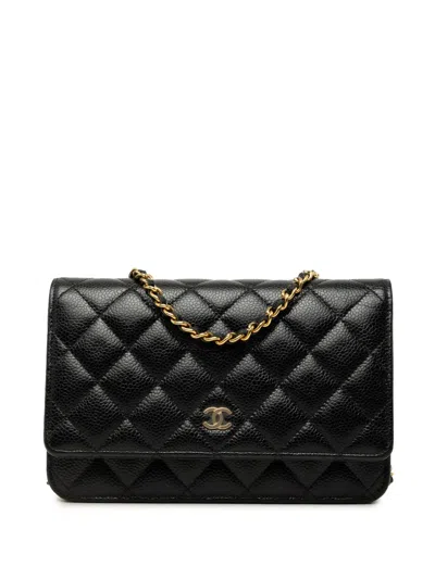 Pre-owned Chanel 2021-2026 Cc Quilted Caviar Wallet On Chain Crossbody Bag In Black