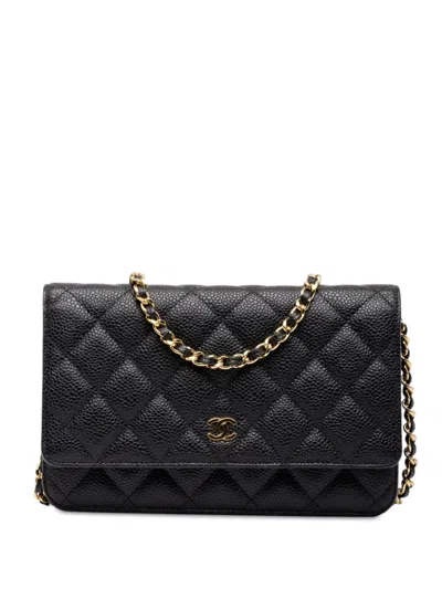 Pre-owned Chanel 2021-2026 Cc Quilted Caviar Wallet On Chain Crossbody Bag In Black