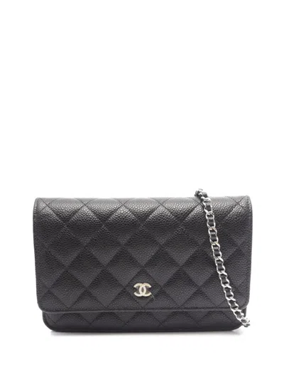 Pre-owned Chanel 2021-2026 Cc Quilted Caviar Wallet On Chain Crossbody Bag In Black