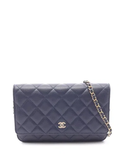 Pre-owned Chanel 2021-2026 Cc Quilted Caviar Wallet On Chain Crossbody Bag In Blue