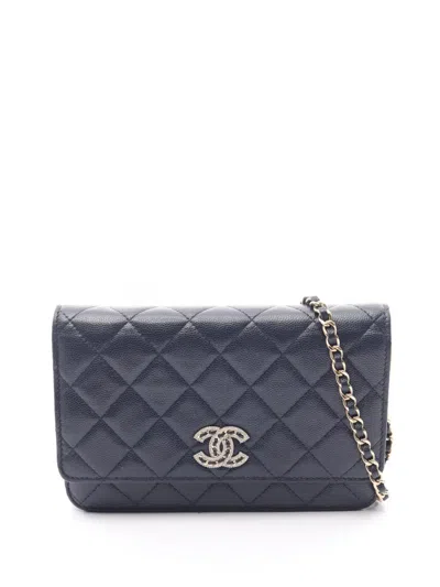 Pre-owned Chanel 2021-2026 Cc Quilted Caviar Wallet On Chain Crossbody Bag In Blue