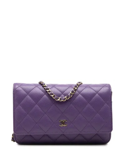 Pre-owned Chanel 2021-2026 Cc Quilted Caviar Wallet On Chain Crossbody Bag In Purple