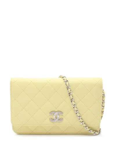 Pre-owned Chanel 2021-2026 Cc Quilted Caviar Wallet On Chain Crossbody Bag In Yellow