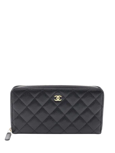 Pre-owned Chanel 2021-2026 Cc Quilted Caviar Zip Around Wallet Long Wallets In Black