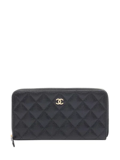 Pre-owned Chanel 2021-2026 Cc Quilted Caviar Zip Wallet Long Wallets In Black
