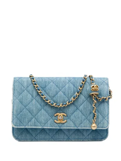 Pre-owned Chanel 2021-2026 Cc Quilted Denim Pearl Crush Wallet On Chain Crossbody Bag In Blue