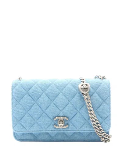 Pre-owned Chanel 2021-2026 Cc Quilted Denim Wallet On Chain Crossbody Bag In Blue