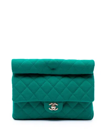 Pre-owned Chanel 2021-2026 Cc Quilted Jersey Roll Clutch Bag In Green