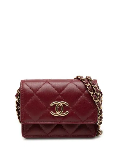 Pre-owned Chanel 2021-2026 Cc Quilted Lambskin Card Holder On Chain Crossbody Bag In Red