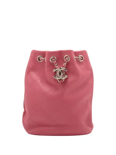 Pre-owned Chanel 2021-2026 Cc Quilted Lambskin Chain Drawstring Backpack In Pink