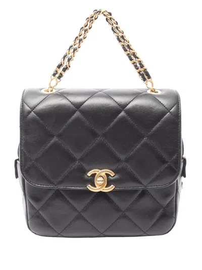 Pre-owned Chanel 2021-2026 Cc Quilted Lambskin Chain Melody Backpack In Black