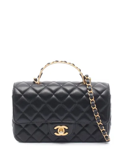 Pre-owned Chanel 2021-2026 Cc Quilted Lambskin Chain Top Handle Flap Satchel In Black