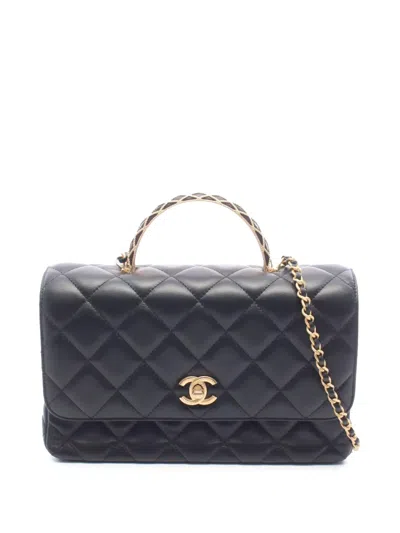 Pre-owned Chanel 2021-2026 Cc Quilted Lambskin Chain Top Handle Flap Satchel In Black