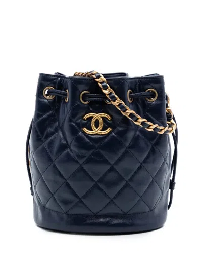 Pre-owned Chanel 2021-2026 Cc Quilted Lambskin Drawstring Bucket Bag In Blue