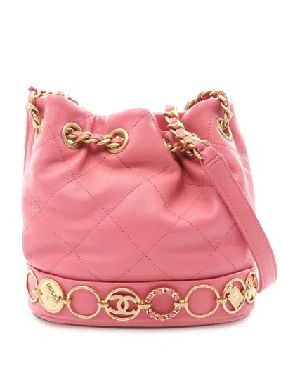 Pre-owned Chanel 2021-2026 Cc Quilted Lambskin Drawstring Bucket Bag In Pink