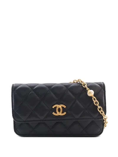 Pre-owned Chanel 2021-2026 Cc Quilted Lambskin Enamel And Pearl Wallet On Chain Crossbody Bag In Black