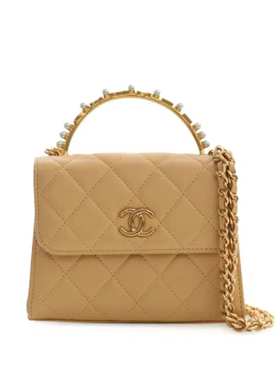 Pre-owned Chanel 2021-2026 Cc Quilted Lambskin Faux Pearl Top Handle Flap Satchel In Neutrals