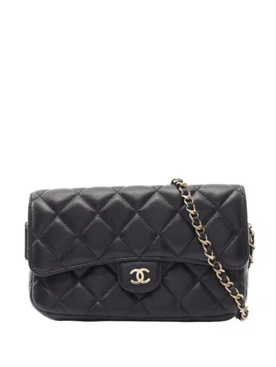 Pre-owned Chanel 2021-2026 Cc Quilted Lambskin Flap Phone Holder Wallet On Chain Crossbody Bag In Black