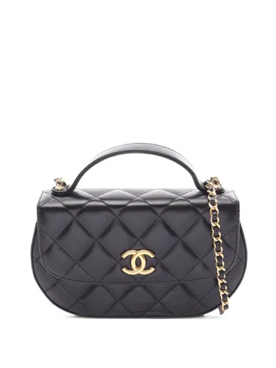 Pre-owned Chanel 2021-2026 Cc Quilted Lambskin Half Moon Top Handle Flap Satchel In Black